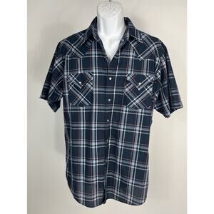 Plaid Western Shirt Short Sleeve Ely Cattleman Pearl Snap Blue Red Shirt Sz L